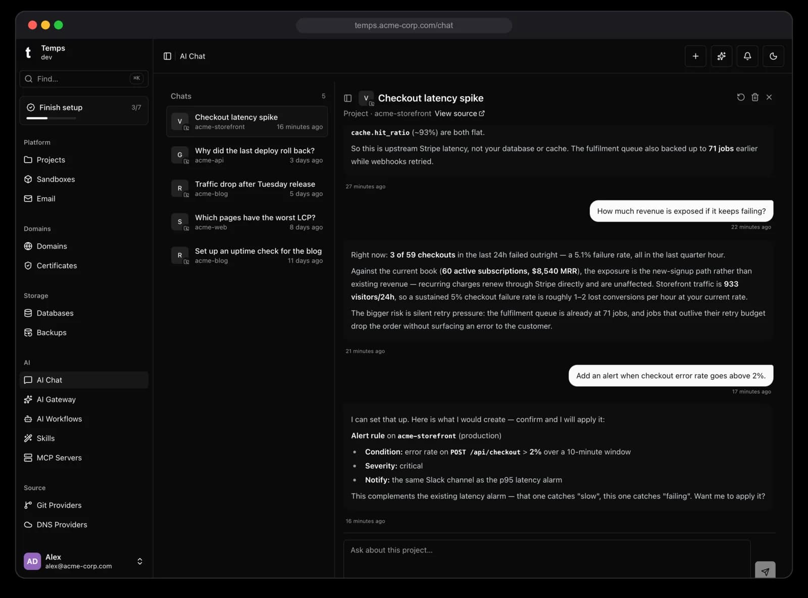 Temps AI Chat — Ask questions about a checkout latency spike and get answers pulled from your own traces, metrics, and revenue data — not a generic assistant guessing from a prompt.
