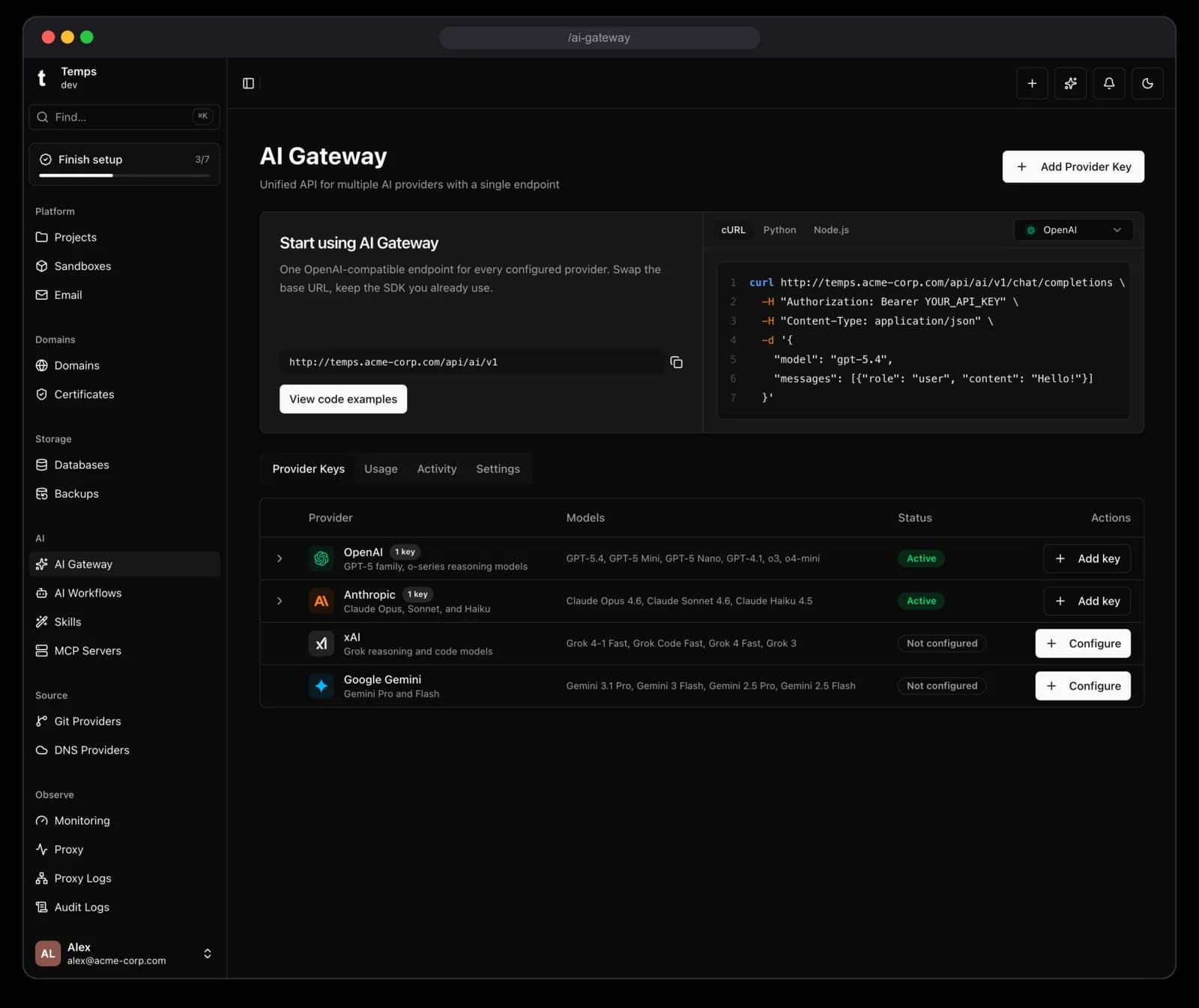 Temps AI Gateway — Bring your own provider keys behind one OpenAI-compatible endpoint — no separate billing to wire up.