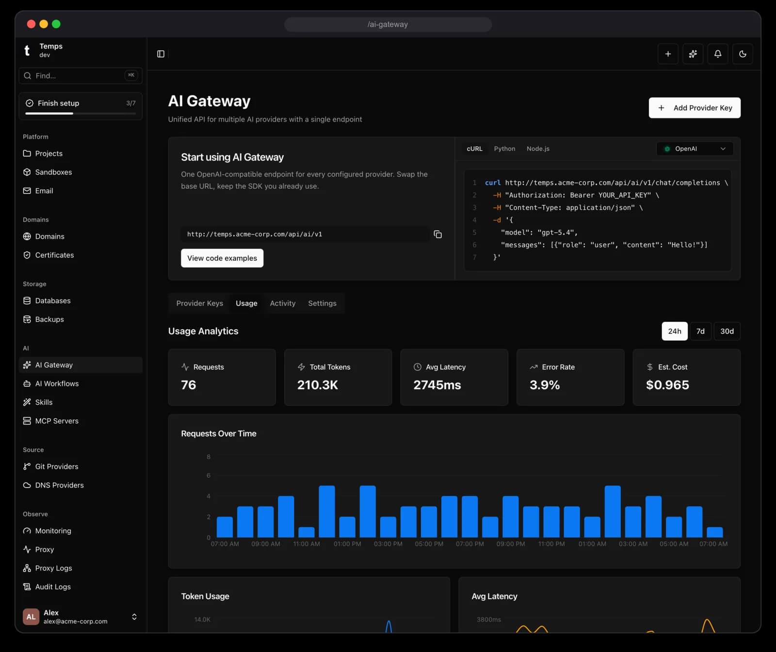 Temps Usage — Token and request usage tracked per project, so agent spend doesn't show up as a surprise.