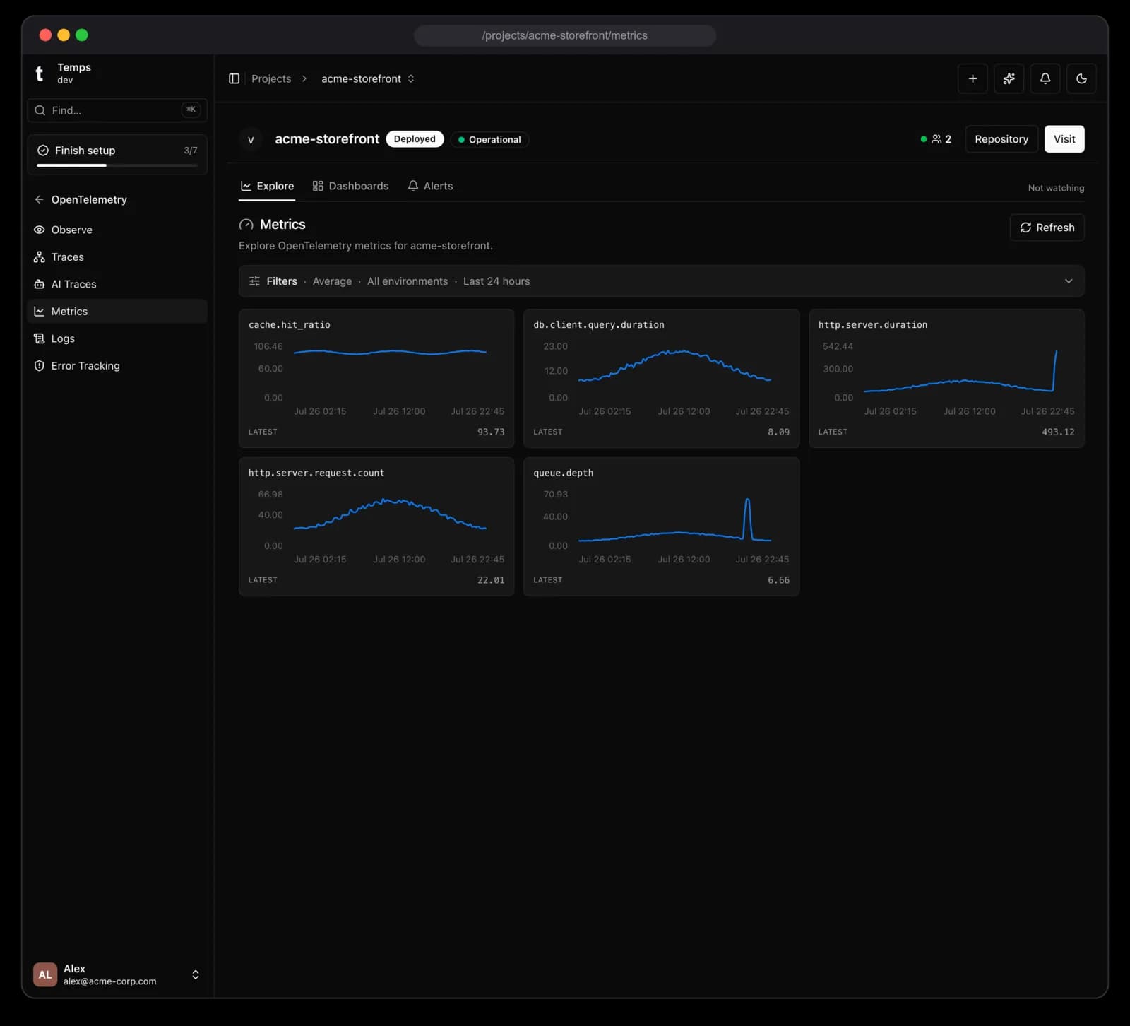 Temps Metrics — Metrics dashboards fed straight from OTLP — no separate Grafana instance to run.