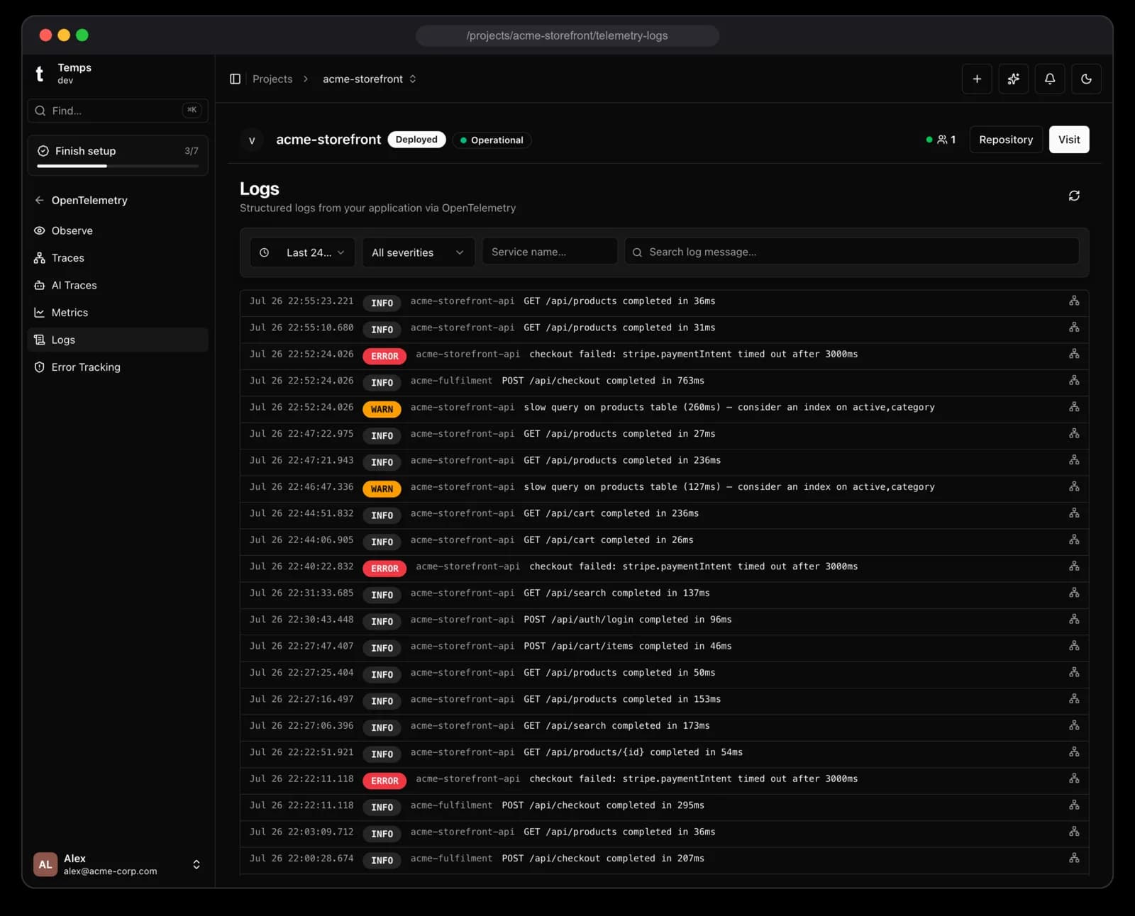 Temps OTel logs — OpenTelemetry logs, correlated with the traces and metrics from the same request.