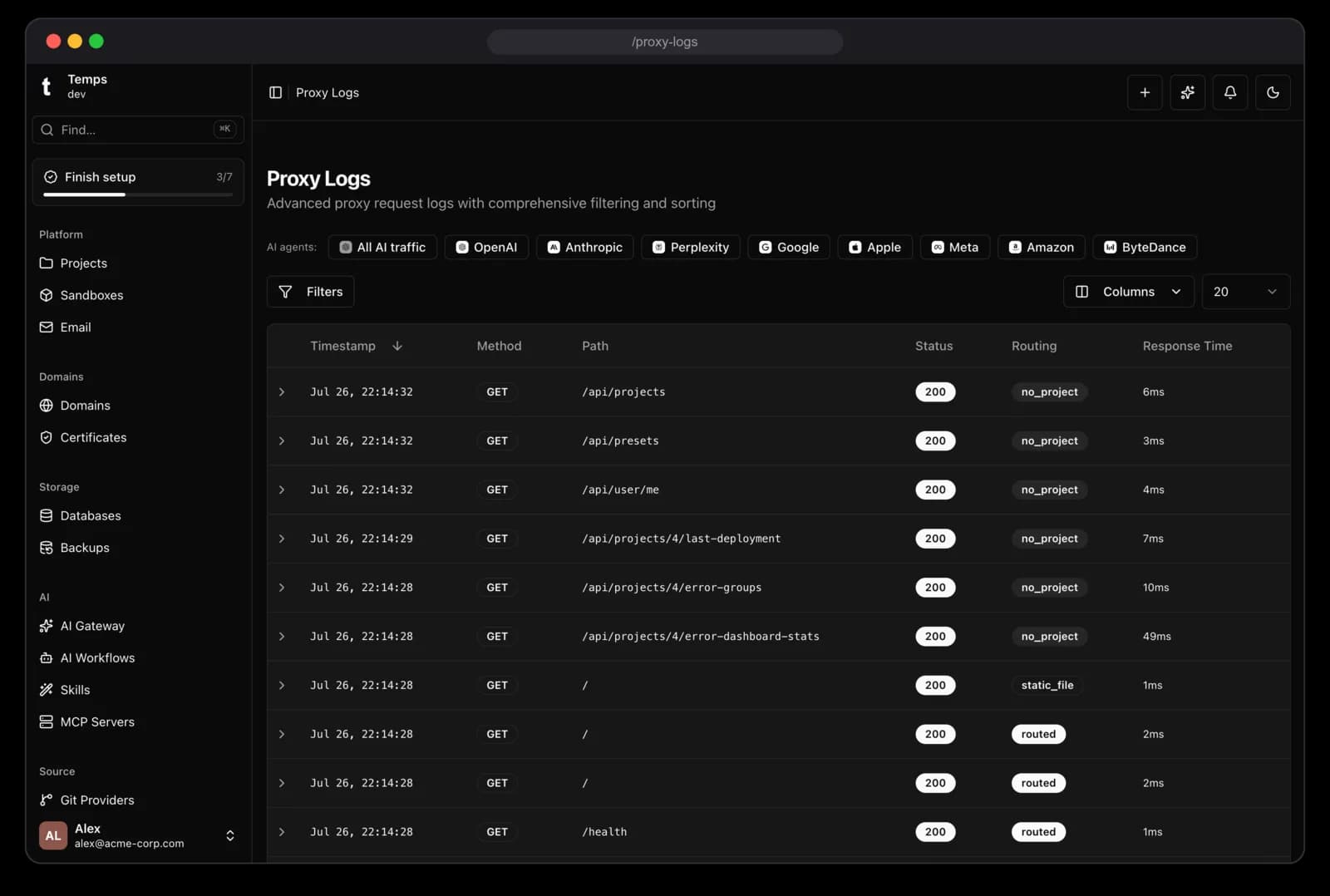Temps Request logs — Proxy-level request logs, compressed for retention that doesn't get expensive.