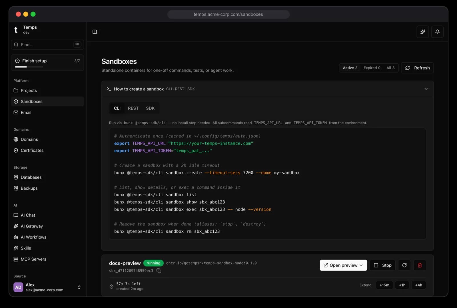 Temps All sandboxes — Every sandbox in one list — who spun it up, what it's running, and its live status.