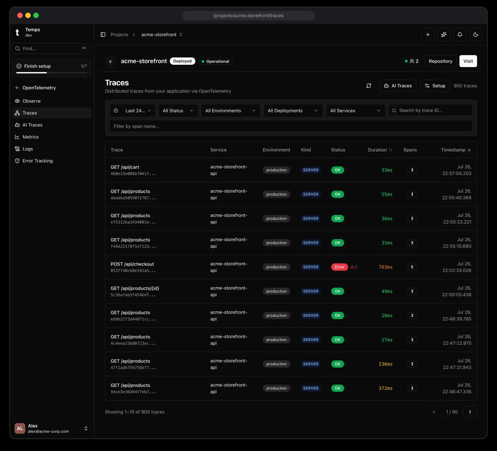 Temps Tracing — Distributed traces — per-request latency, span counts, and errors across services.